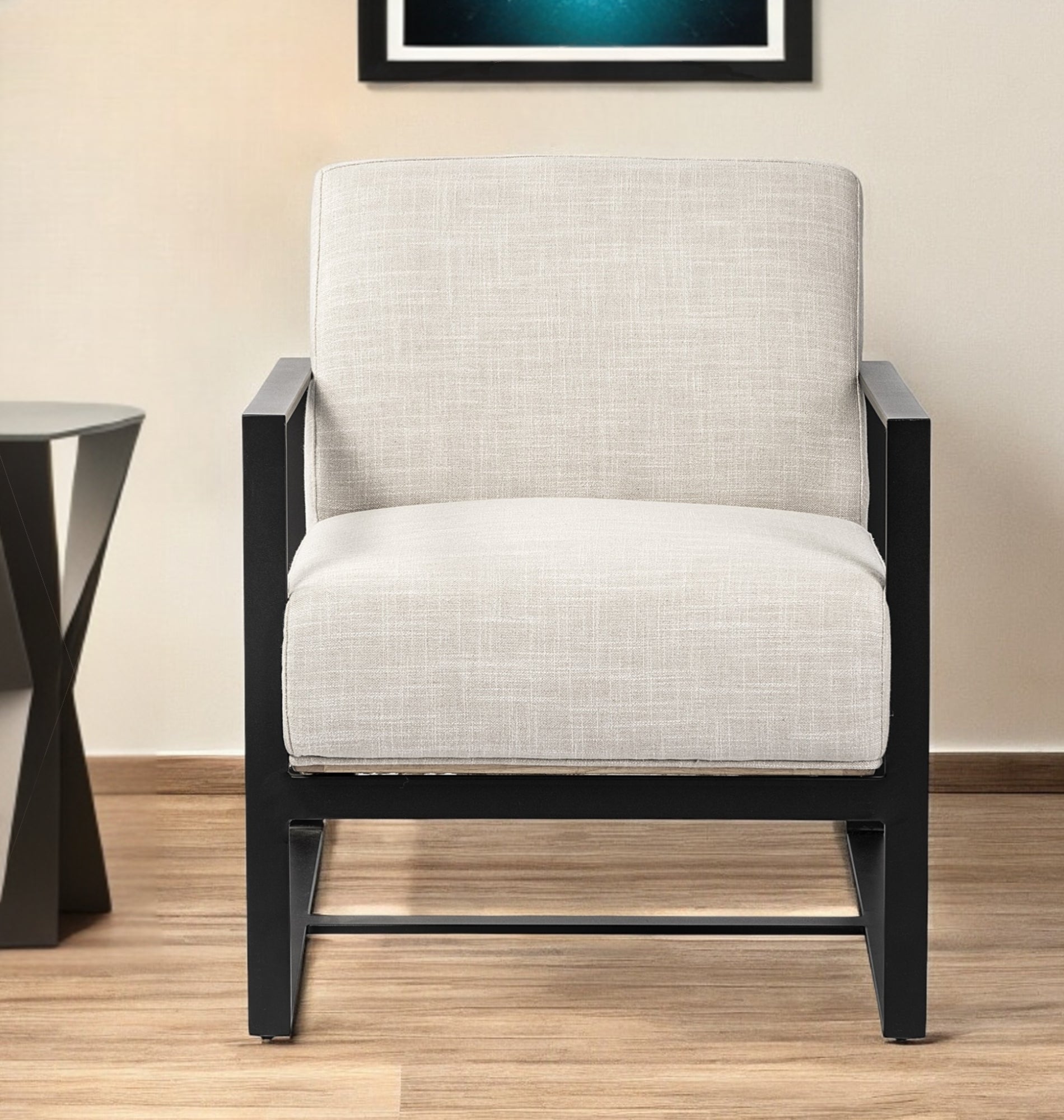 32-Inch Stylish and Durable Cream and Black Fabric Armchair with Soft Cushioning for Elegant Home Decor