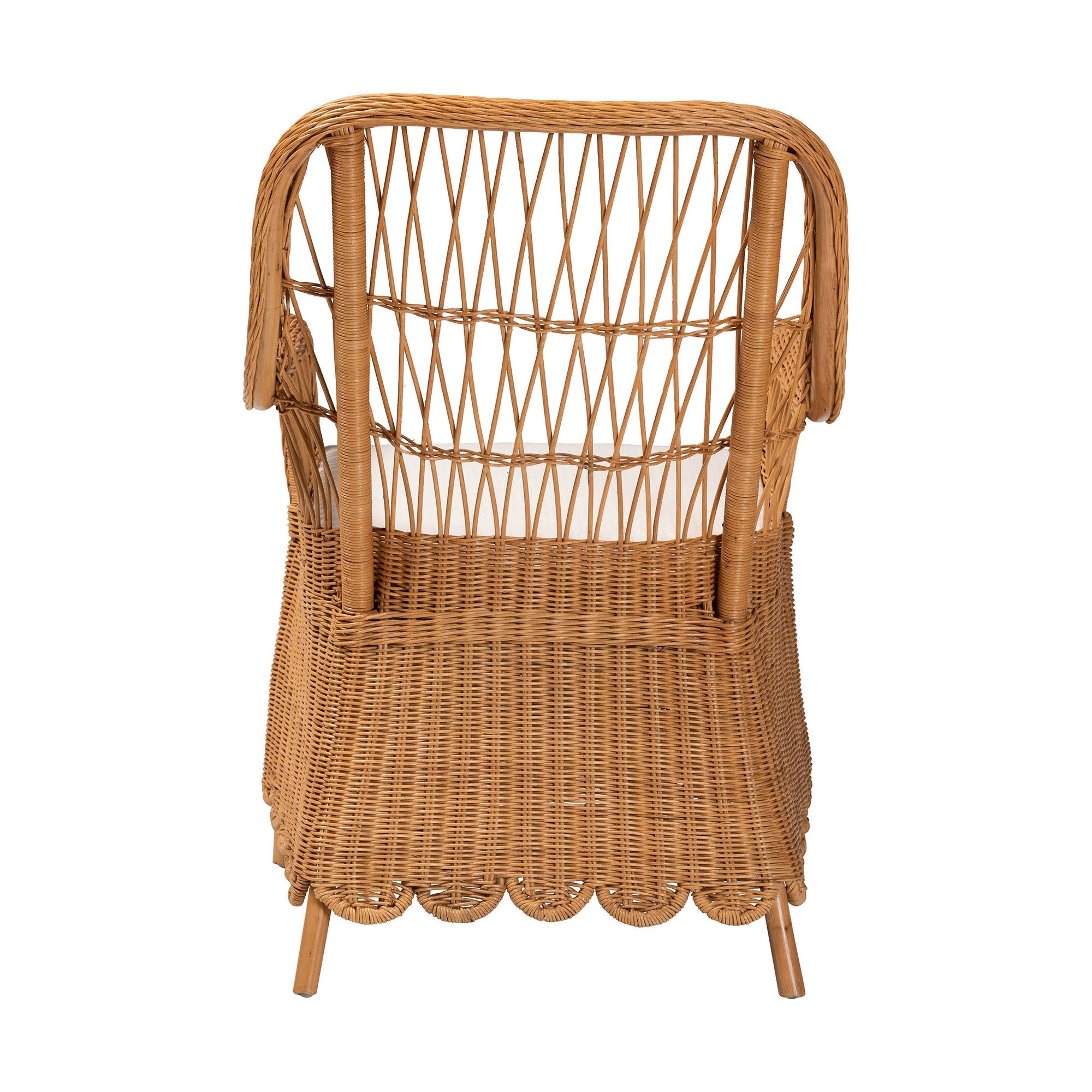 Bali-Style Bohemian Light Honey Rattan Arm Chair Named Teresa with Scalloped Base and Removable Seat Cushion for Tropical Home Decor