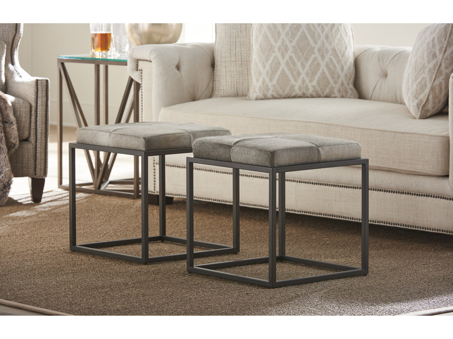 Luxurious Grey Hair-On-Hide Safari Accent Ottoman with Sturdy Metal Base, 20