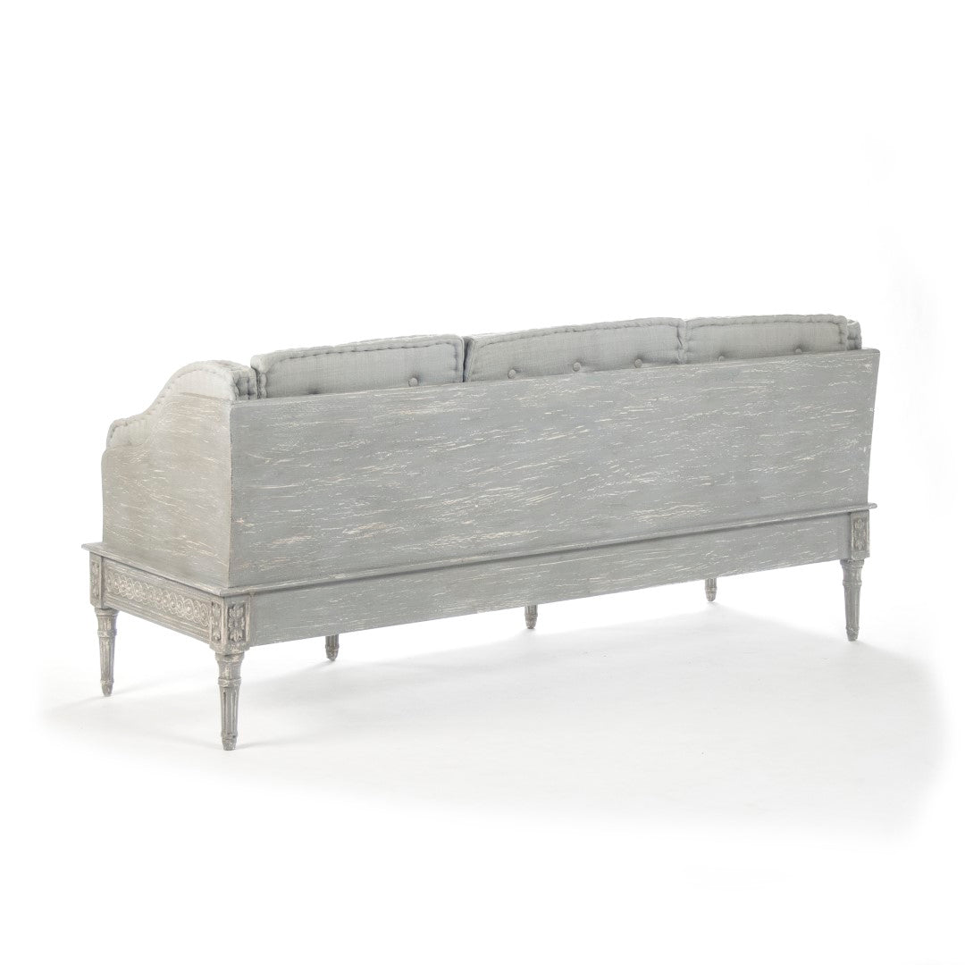Elegant Tereza Distressed Dove Grey Home Bench with Luxurious Tufted Greyish - Blue Silk Cushions for Stylish Seating
