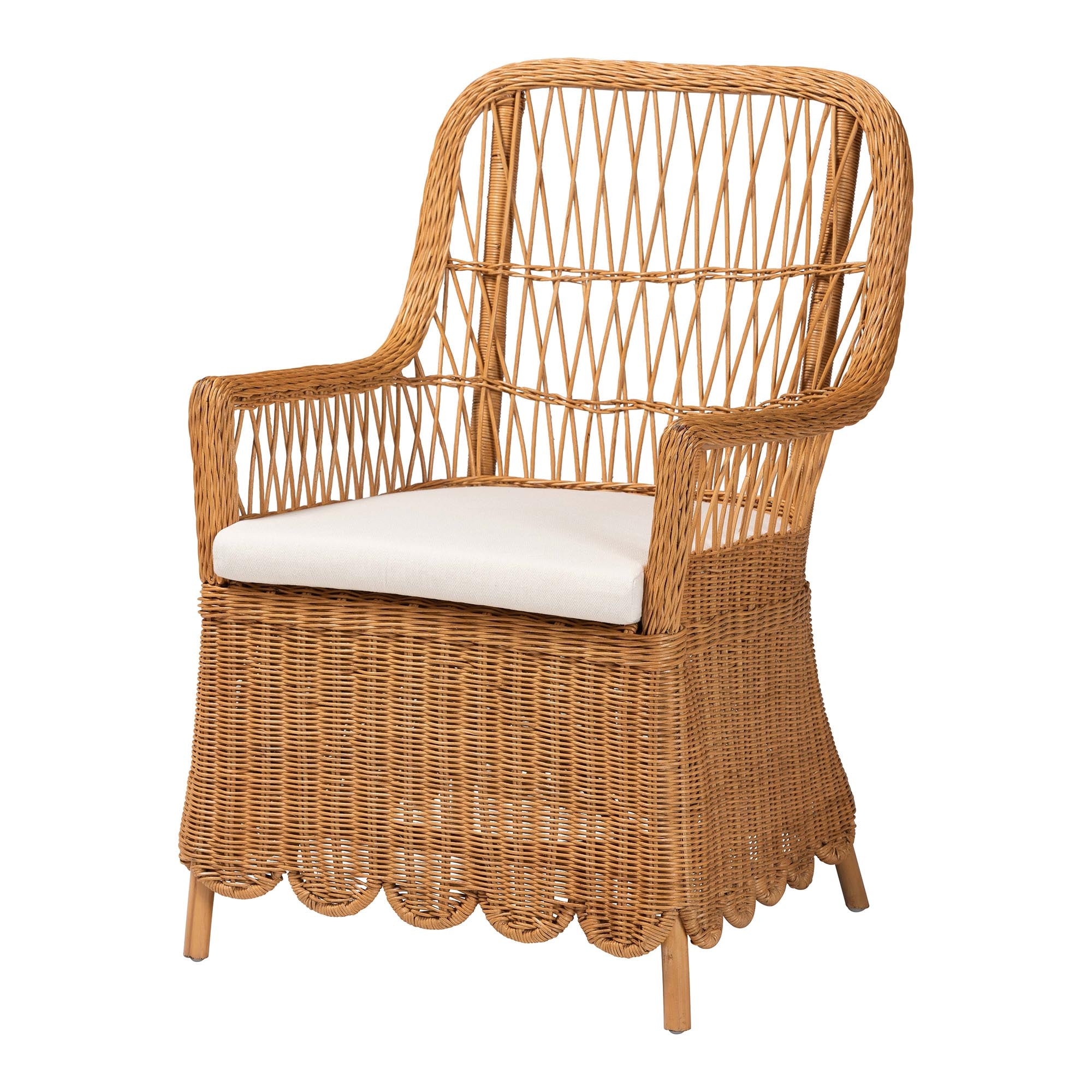 Bali-Style Bohemian Light Honey Rattan Arm Chair Named Teresa with Scalloped Base and Removable Seat Cushion for Tropical Home Decor
