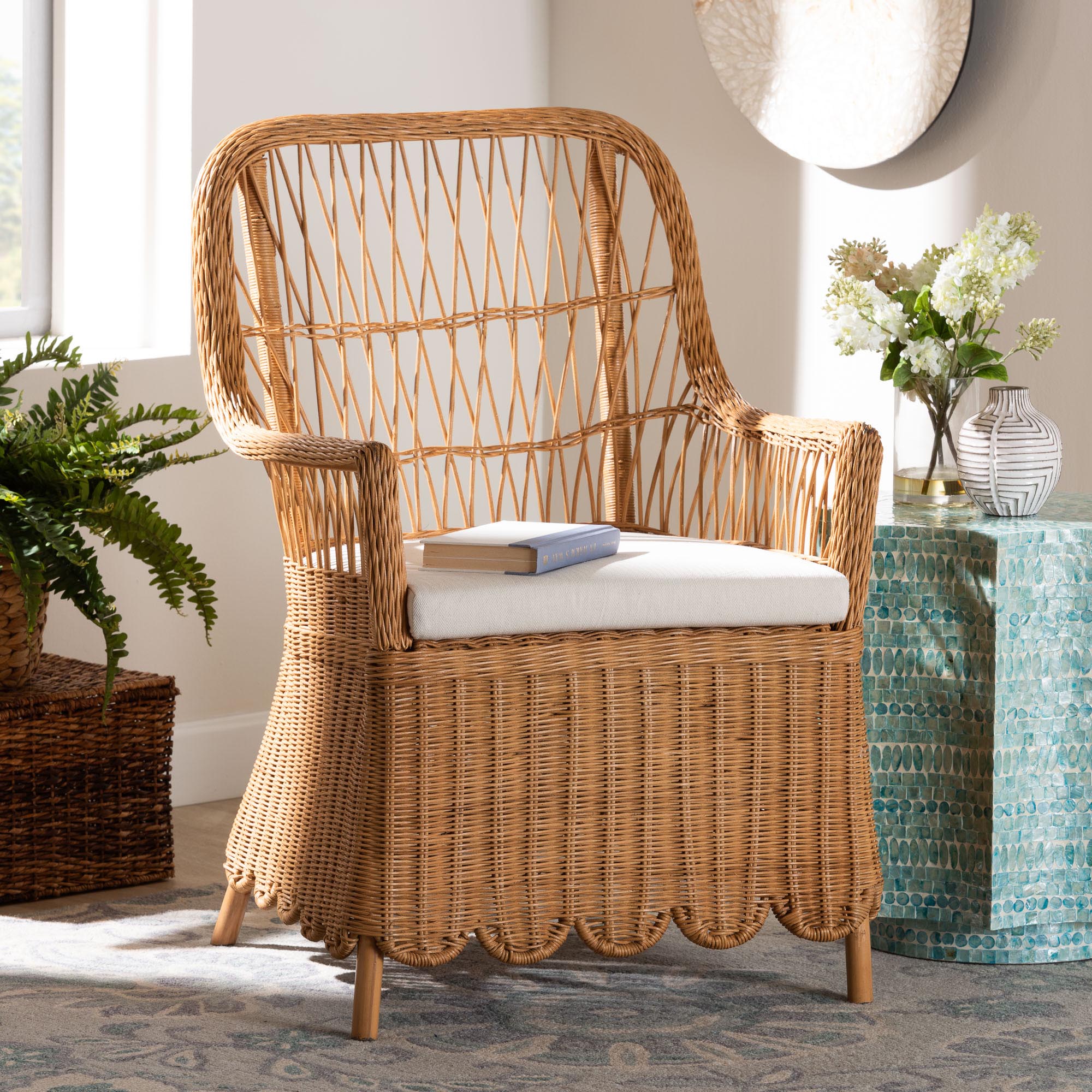 Bali-Style Bohemian Light Honey Rattan Arm Chair Named Teresa with Scalloped Base and Removable Seat Cushion for Tropical Home Decor