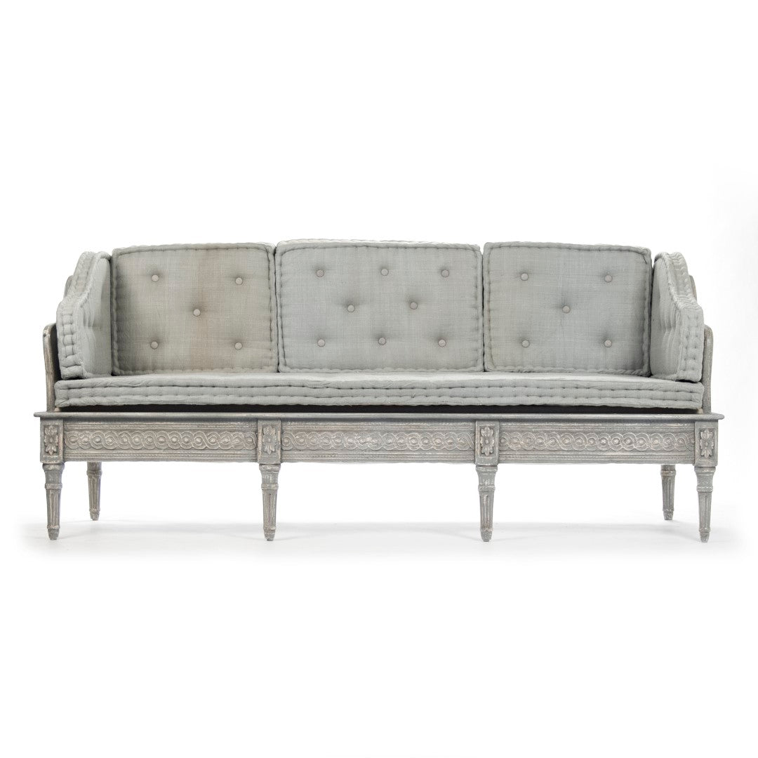 Elegant Tereza Distressed Dove Grey Home Bench with Luxurious Tufted Greyish - Blue Silk Cushions for Stylish Seating