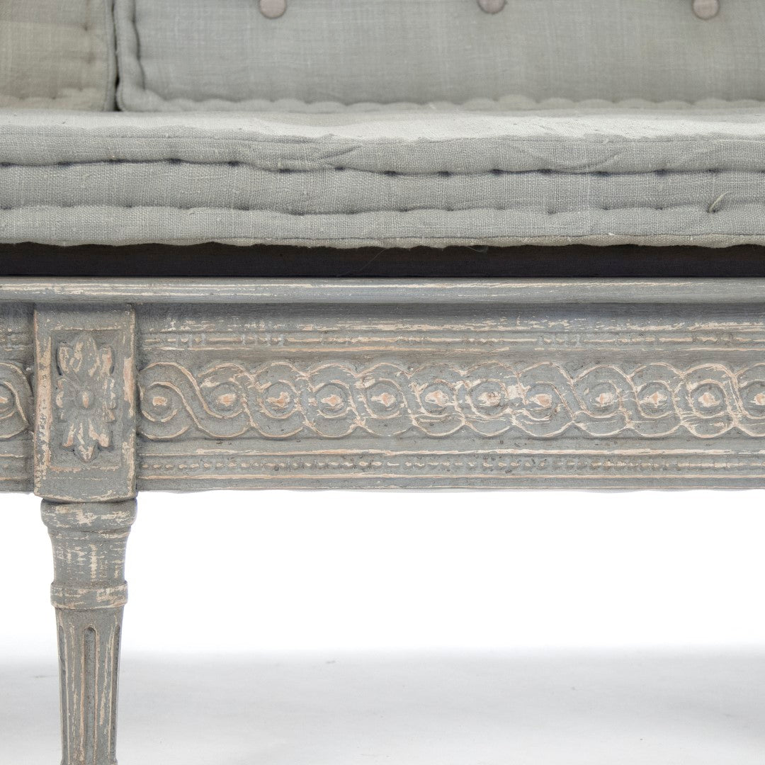Elegant Tereza Distressed Dove Grey Home Bench with Luxurious Tufted Greyish - Blue Silk Cushions for Stylish Seating