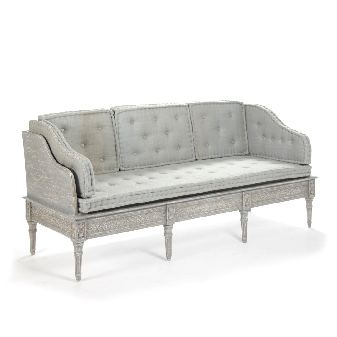 Elegant Tereza Distressed Dove Grey Home Bench with Luxurious Tufted Greyish - Blue Silk Cushions for Stylish Seating