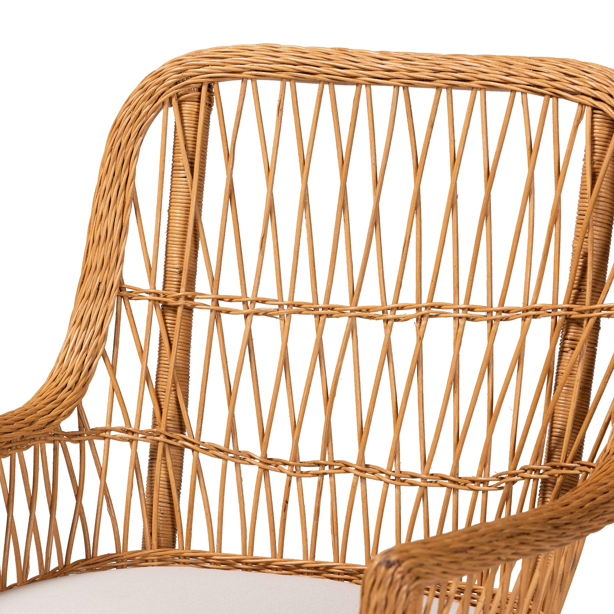 Bali-Style Bohemian Light Honey Rattan Arm Chair Named Teresa with Scalloped Base and Removable Seat Cushion for Tropical Home Decor