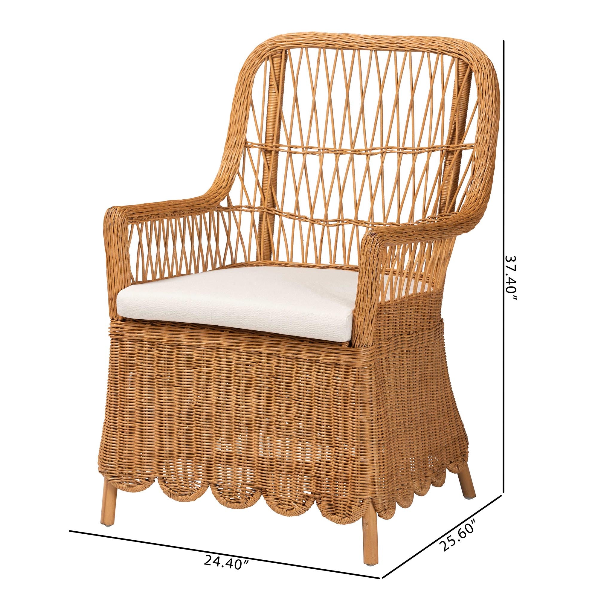 Bali-Style Bohemian Light Honey Rattan Arm Chair Named Teresa with Scalloped Base and Removable Seat Cushion for Tropical Home Decor