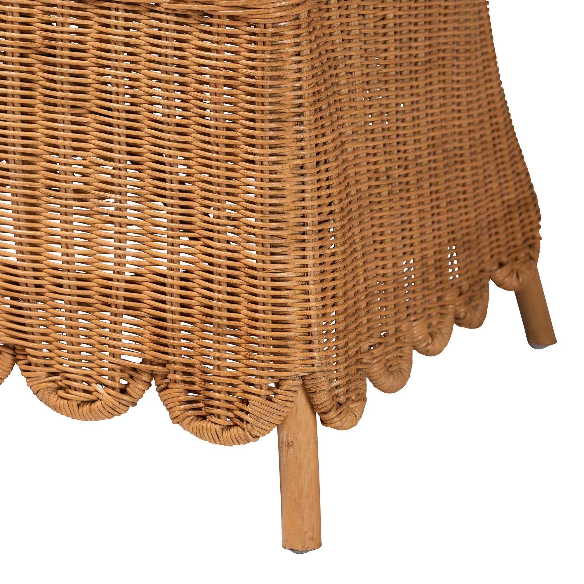 Bali-Style Bohemian Light Honey Rattan Arm Chair Named Teresa with Scalloped Base and Removable Seat Cushion for Tropical Home Decor