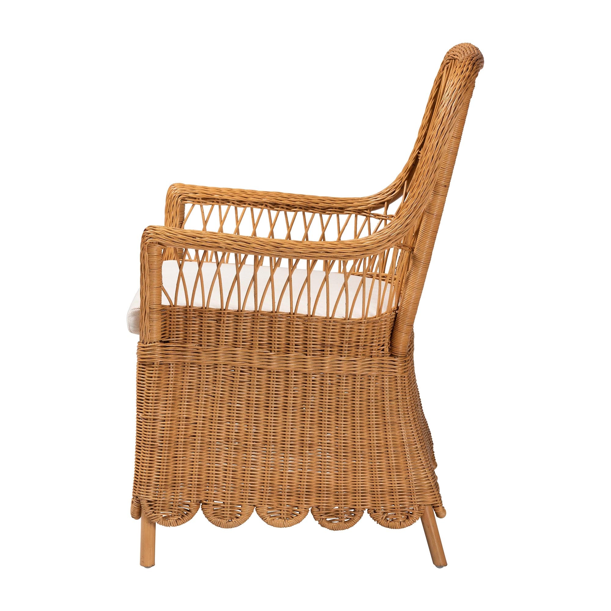 Bali-Style Bohemian Light Honey Rattan Arm Chair Named Teresa with Scalloped Base and Removable Seat Cushion for Tropical Home Decor