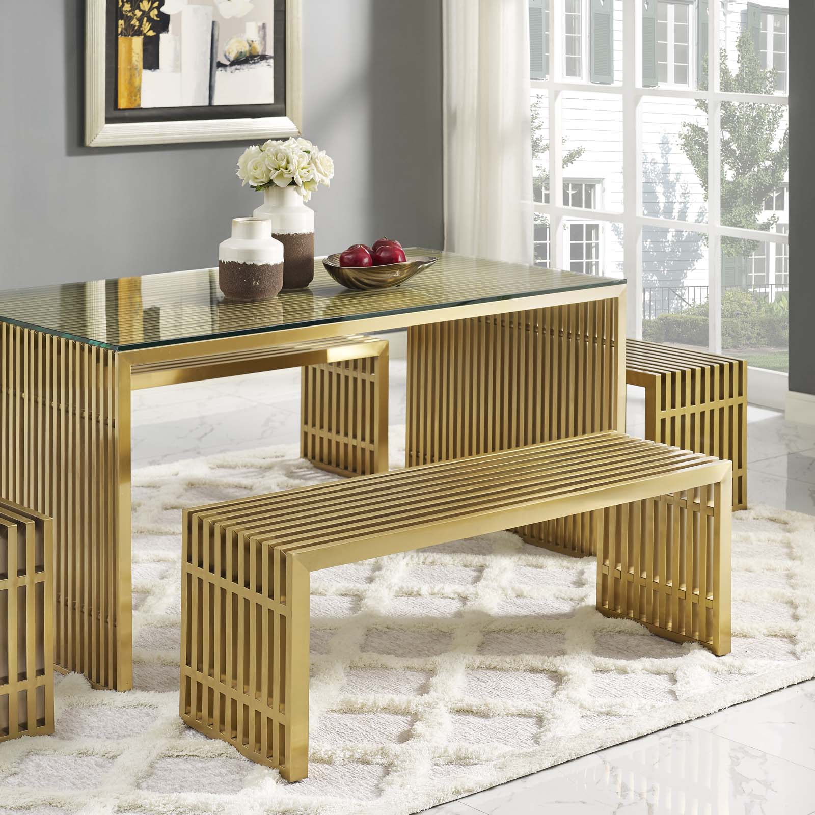 Large Gold Brushed Stainless Steel Gridiron Bench - Modern, Easy - Clean, Ideal for Any Space