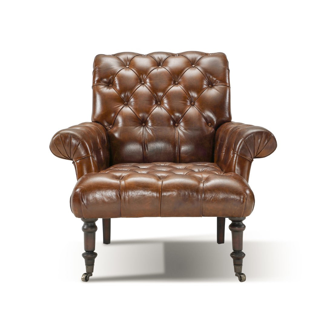 Luxurious Dark Brown Top Grain Leather Tufted Scroll Austin Armchair for Elegant Living Spaces