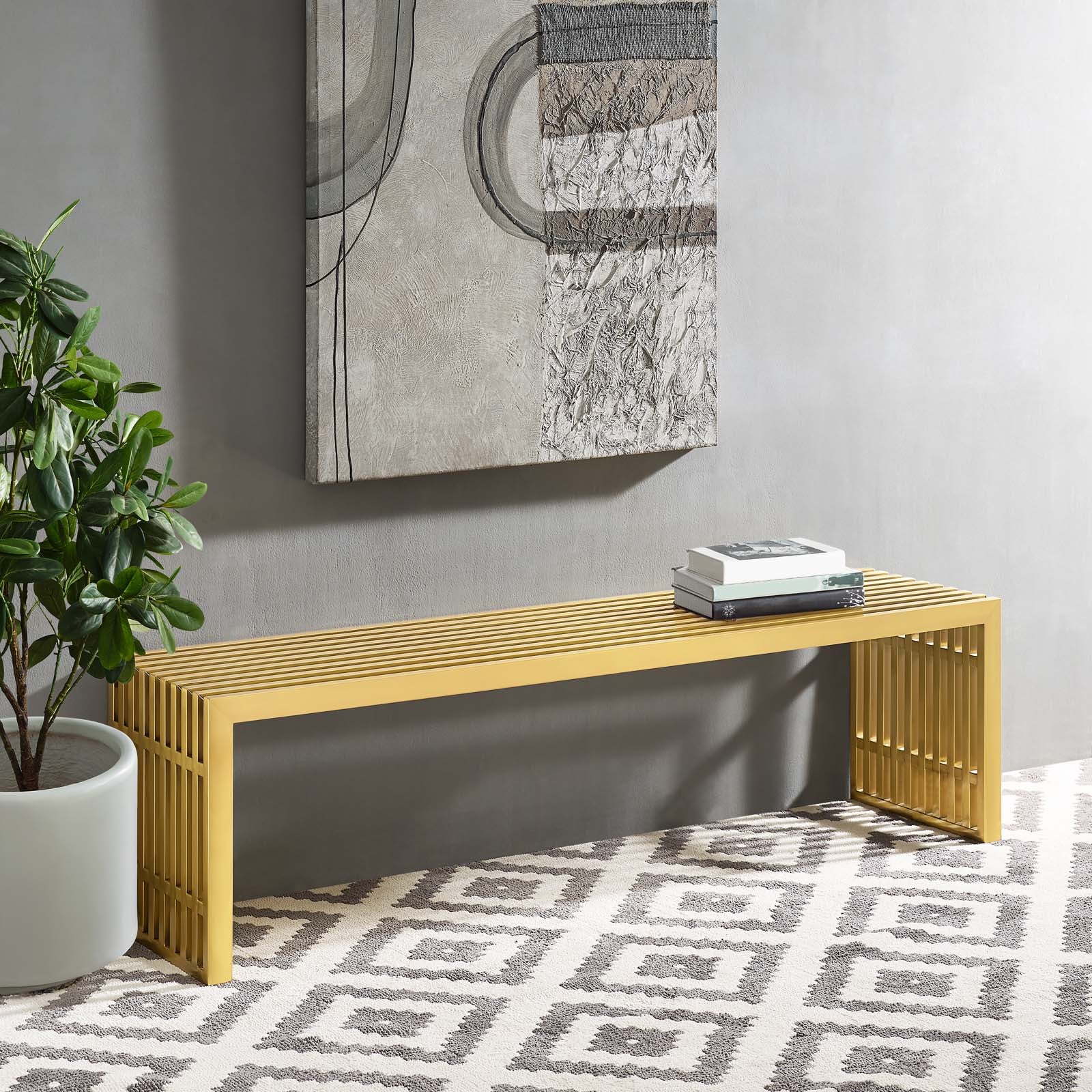Large Gold Brushed Stainless Steel Gridiron Bench - Modern, Easy - Clean, Ideal for Any Space
