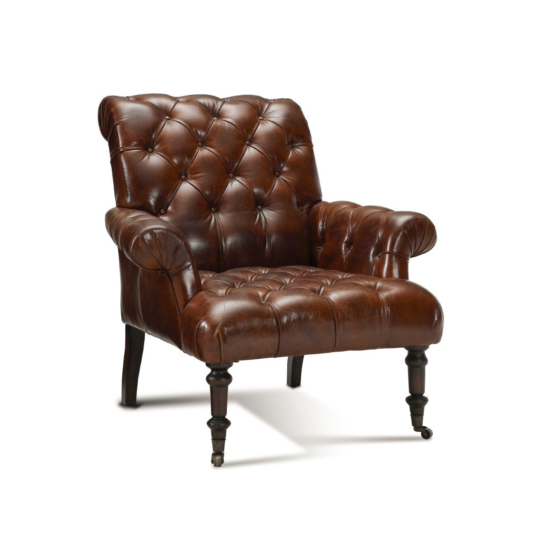 Luxurious Dark Brown Top Grain Leather Tufted Scroll Austin Armchair for Elegant Living Spaces