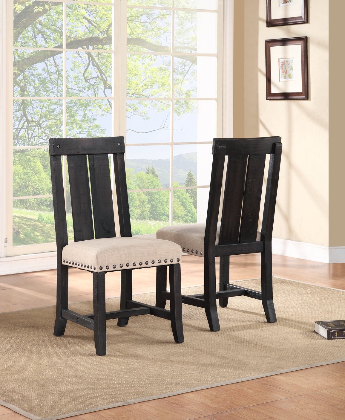 Set of 2 Black and Beige Wooden Chairs with Fabric Upholstered Seats and Slat Backs