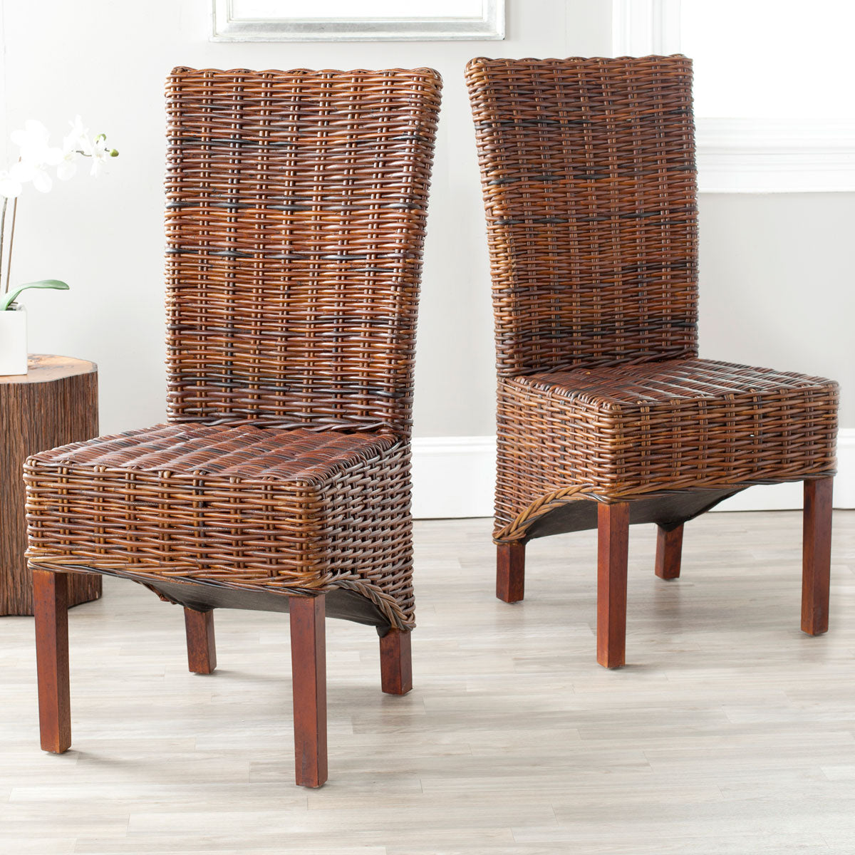 Exquisite Set of 2 Ridge Side Chairs in Tropical Dark Brown - Ideal for Dining Rooms, Crafted from Rattan and Sustainable Mango Wood