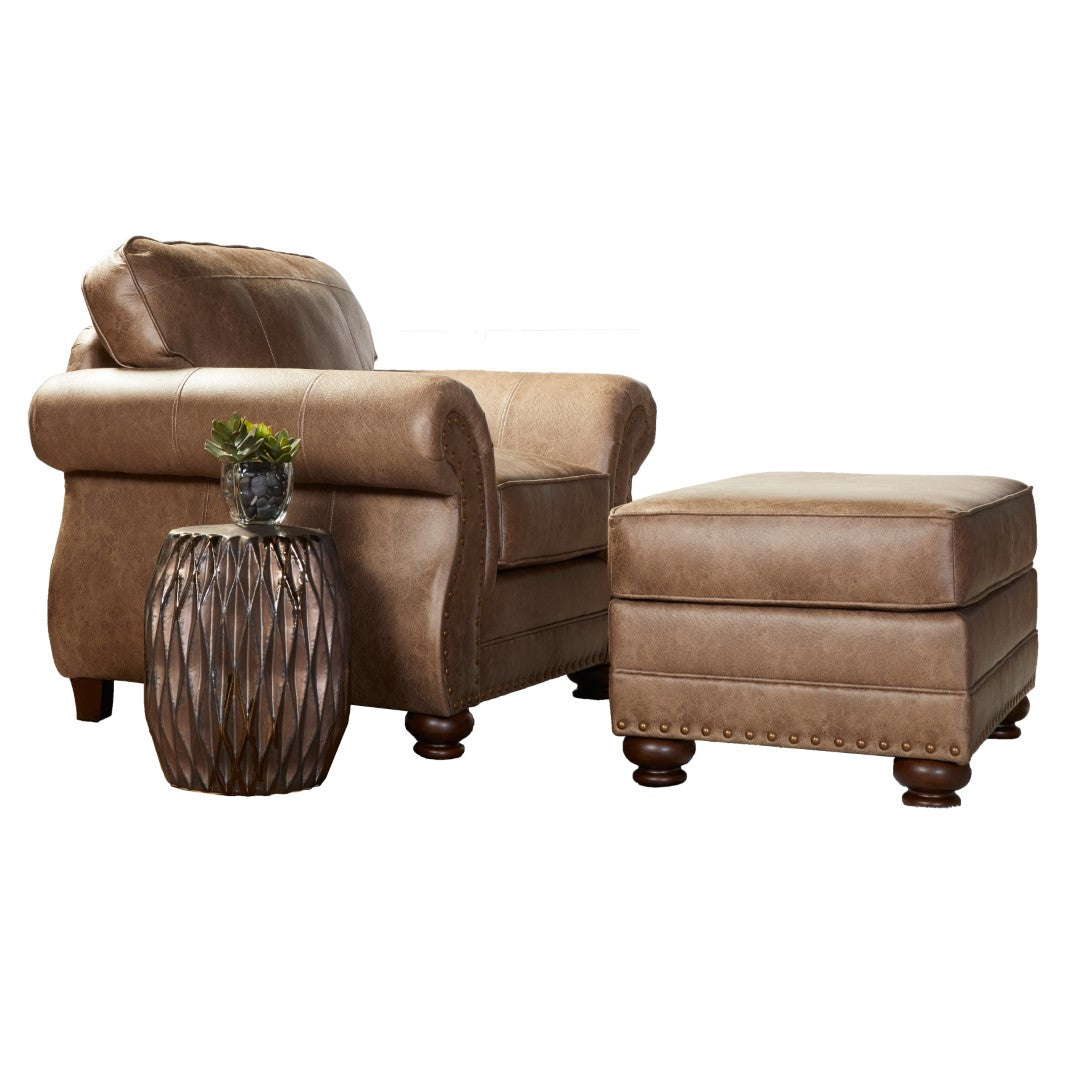 Leinster Transitional Style Fully Assembled Faux Leather Armchair and Ottoman Set in Ginger - Brown Shade