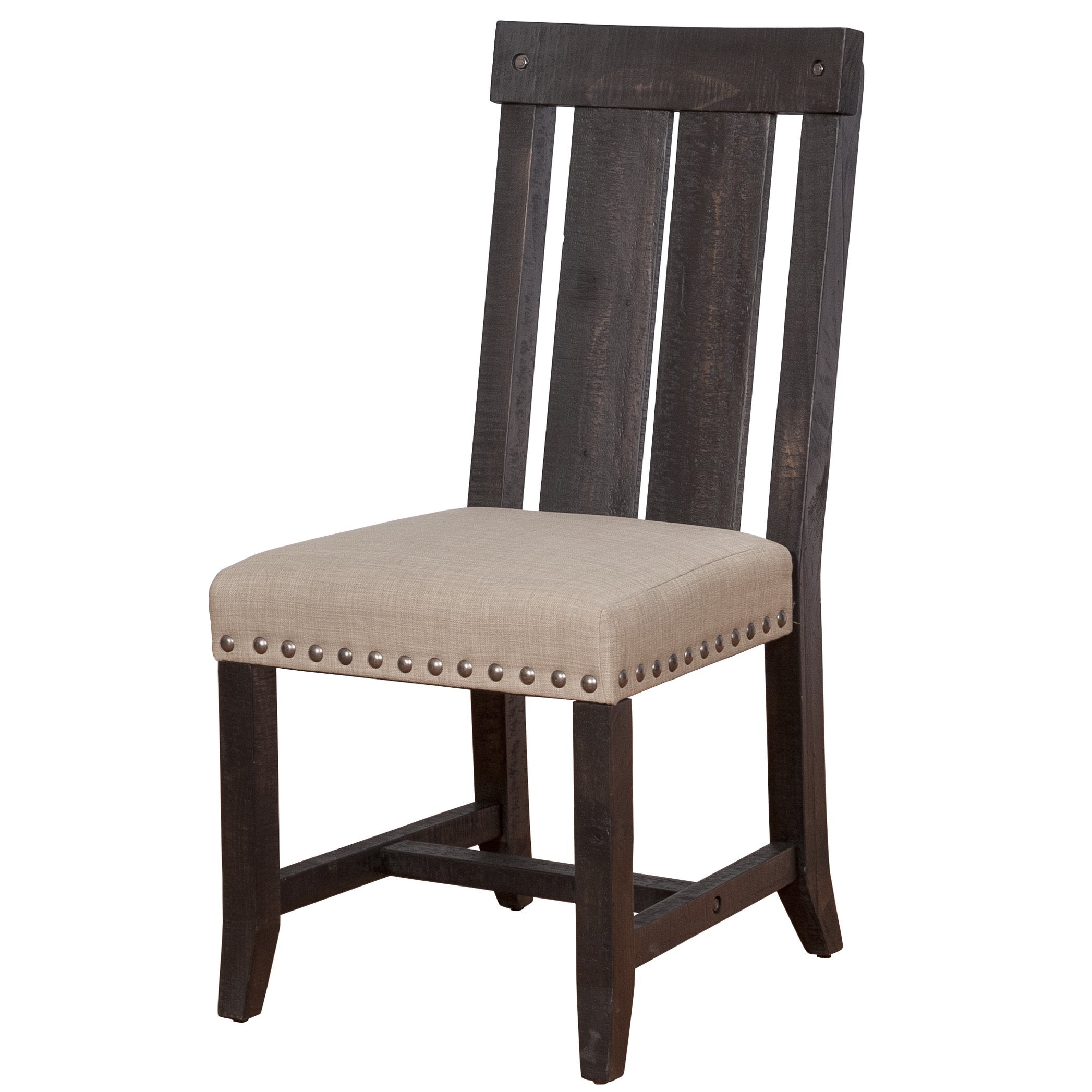 Set of 2 Black and Beige Wooden Chairs with Fabric Upholstered Seats and Slat Backs