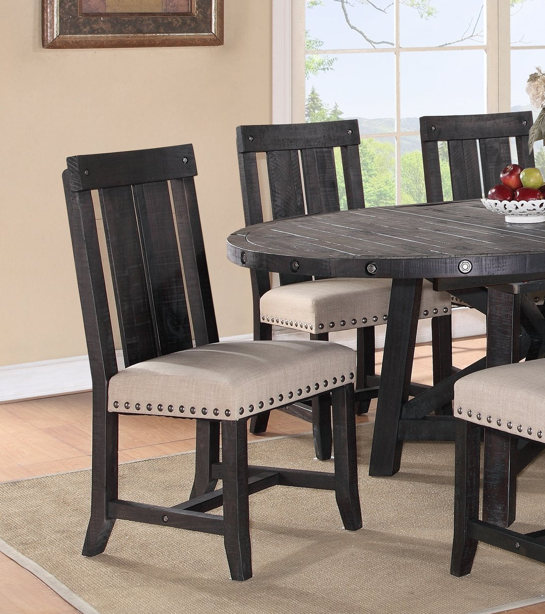Set of 2 Black and Beige Wooden Chairs with Fabric Upholstered Seats and Slat Backs