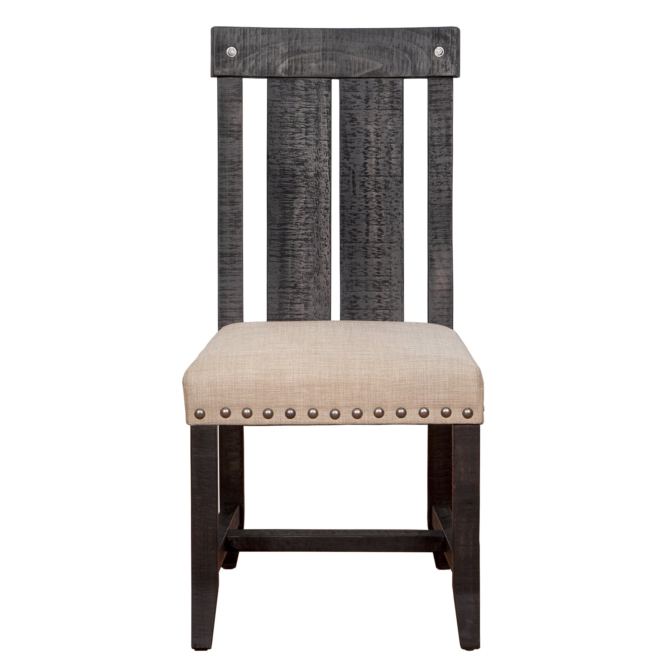 Set of 2 Black and Beige Wooden Chairs with Fabric Upholstered Seats and Slat Backs