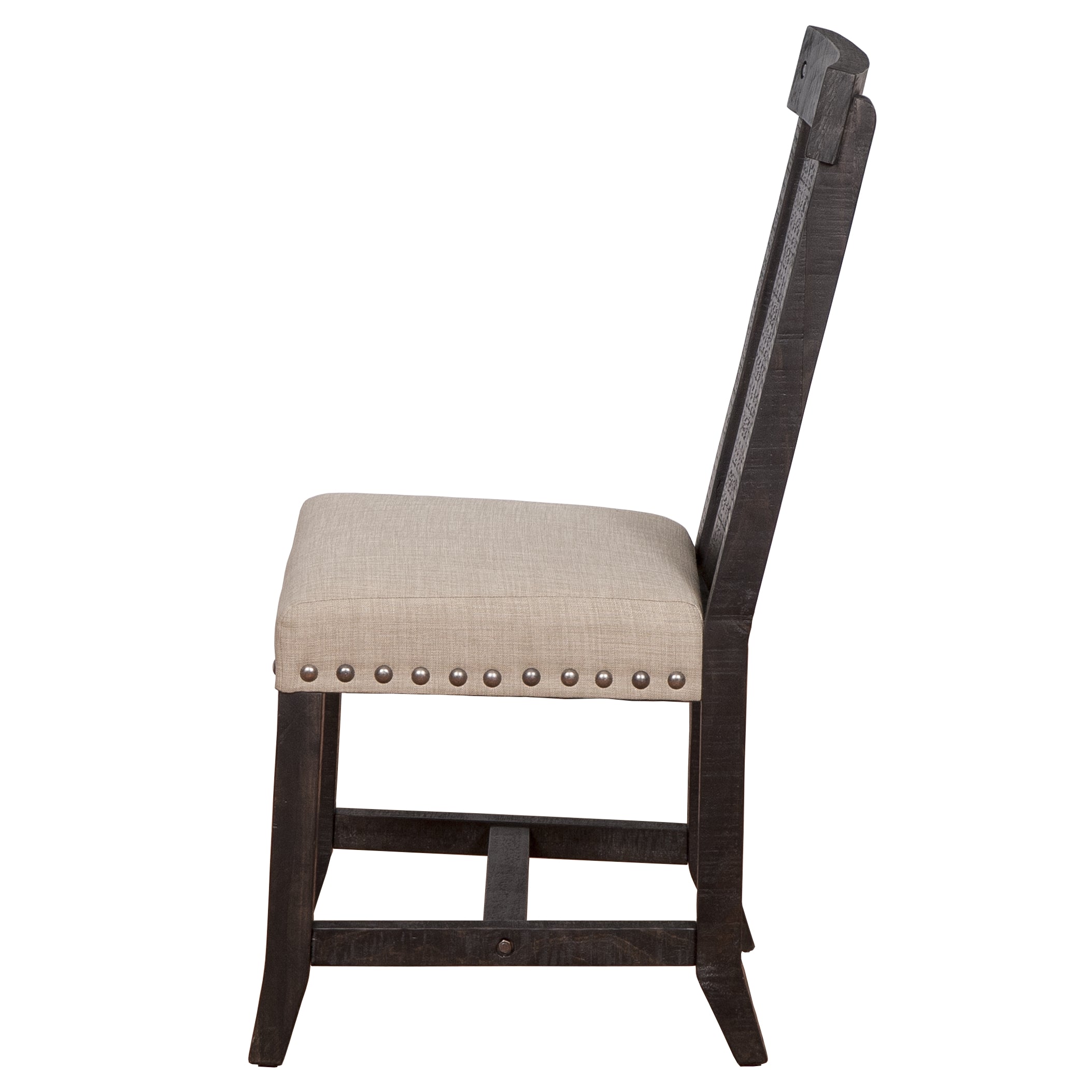 Set of 2 Black and Beige Wooden Chairs with Fabric Upholstered Seats and Slat Backs